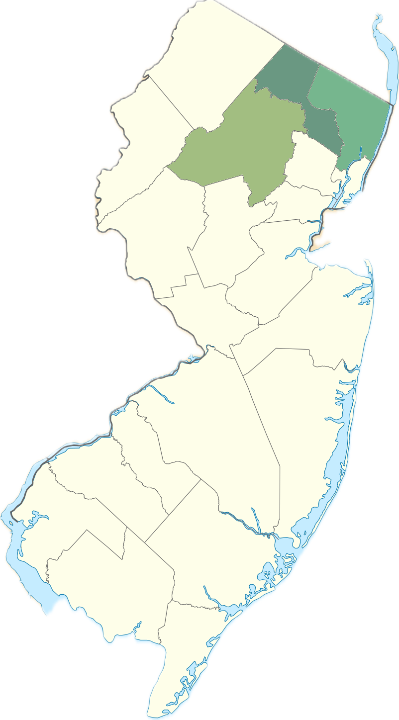 Map of New Jersey with Bergen, Passaic, and Morris counties highlighted